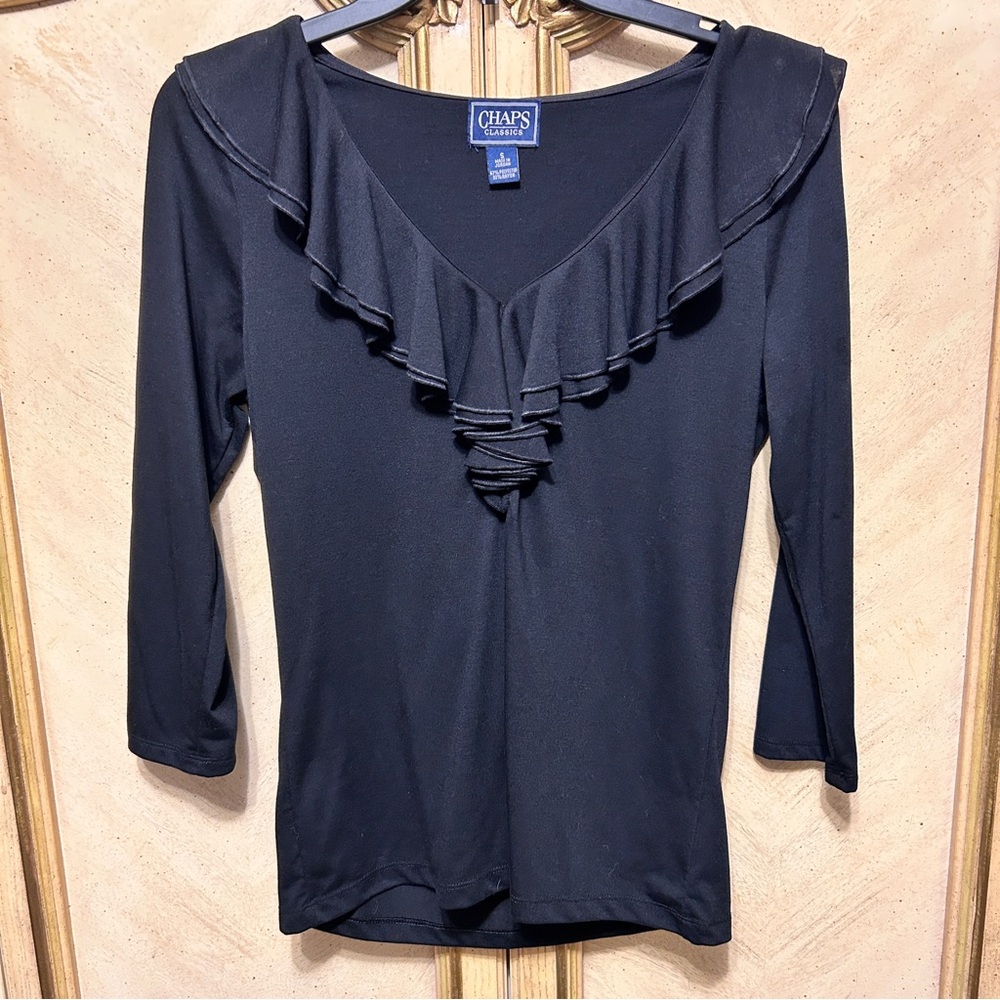 Chaps Black 3/4 Sleeve Ruffle Front Shirt